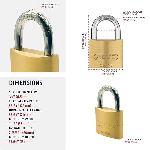 ABUS 55/40 Solid Brass Keyed Padlock with 2 Keys, Hardened Steel Shackle with Anti Corrosion Inner Lock Components, Keyed Different - Image 2