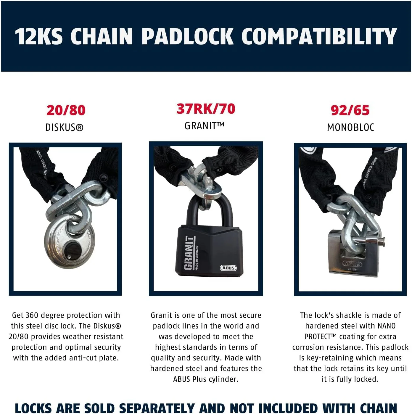 ABUS Hardened Steel 12KS 2 Foot 1/2" Thick Square Security Chain for Bikes, Containers, Trailers, ATV's, Motorcycles and Personal/Industrial Property - Image 6