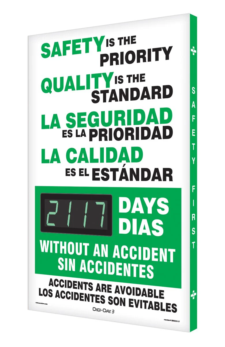 Accuform SBSCK117 Digi-Day Spanish Bilingual Electronic Safety Scoreboard, Track Days We Worked Without A Lost Time Accident, Aluminum 28”L x 20”W x 1”D, Bright LED Display with Remote