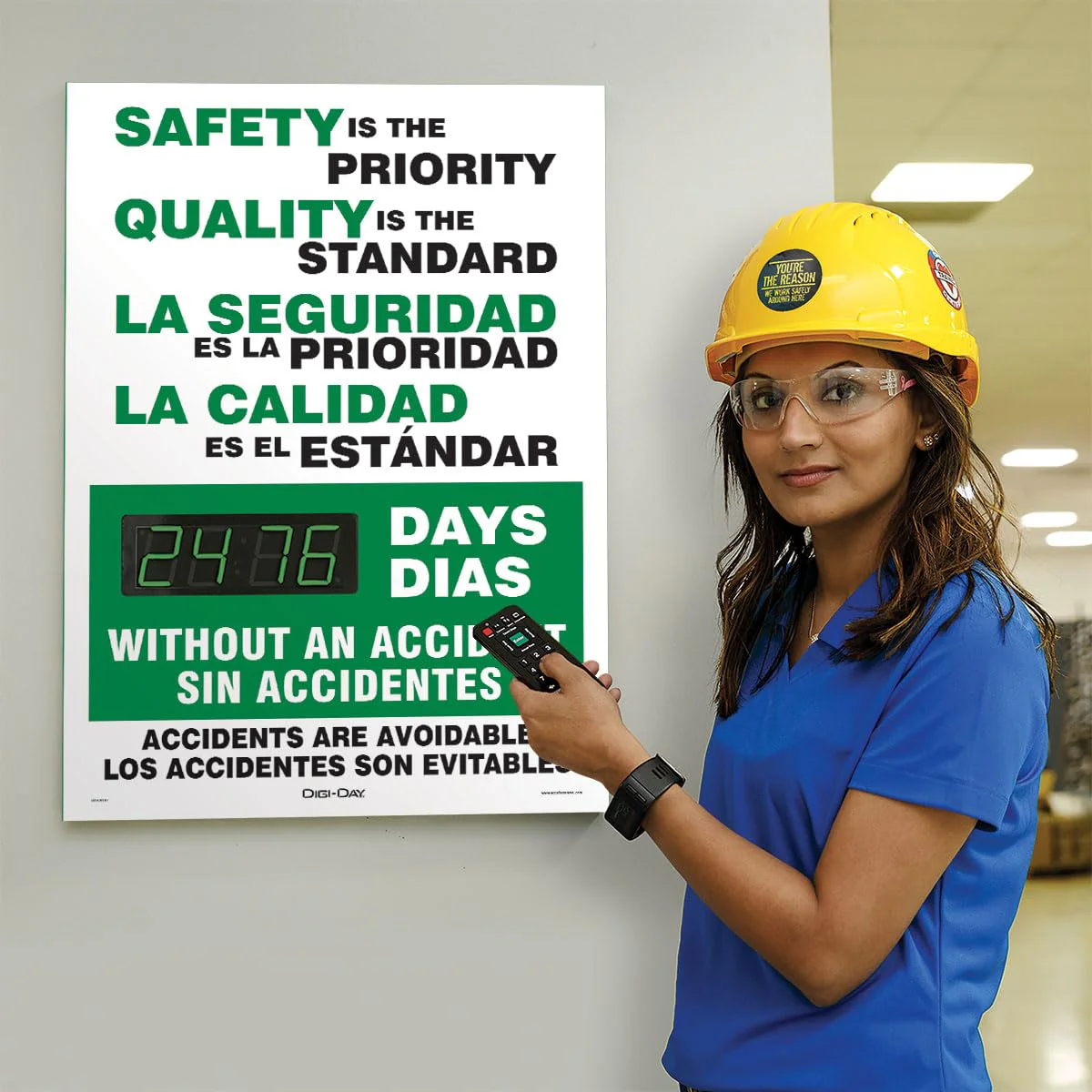 Accuform SBSCK117 Digi-Day Spanish Bilingual Electronic Safety Scoreboard, Track Days We Worked Without A Lost Time Accident, Aluminum 28”L x 20”W x 1”D, Bright LED Display with Remote - Image 2