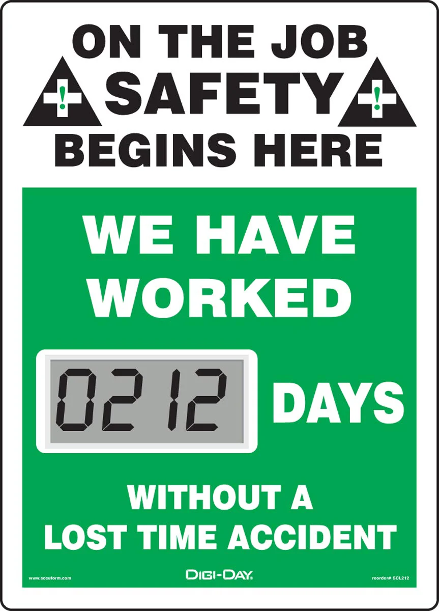 Accuform SCL212 Mini Digi-Day Battery Powered Electronic Safety Scoreboard, Tracks Days Without A Lost Time Accident, 14" L x 10" W x 1" D, Bright LCD Display, Made in USA