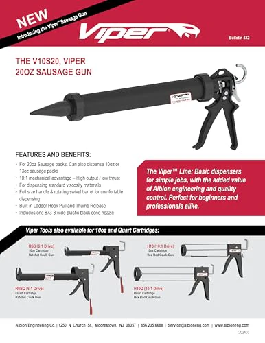 Albion Viper V10S20 Manual Sausage Caulking Gun, 20 oz, 10:1 Drive - Image 4