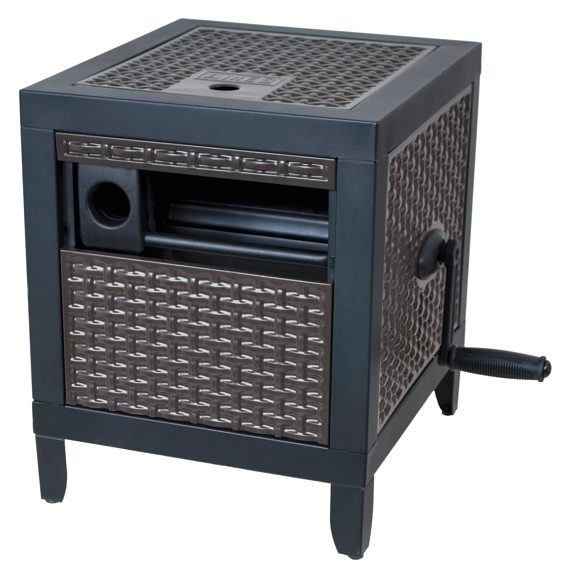 AMES NeverLeak Hose Reel Cabinet Box, 100 Ft. Capacity, Decorative with Wicker Look, Auto Track Rewinding, Black Metal