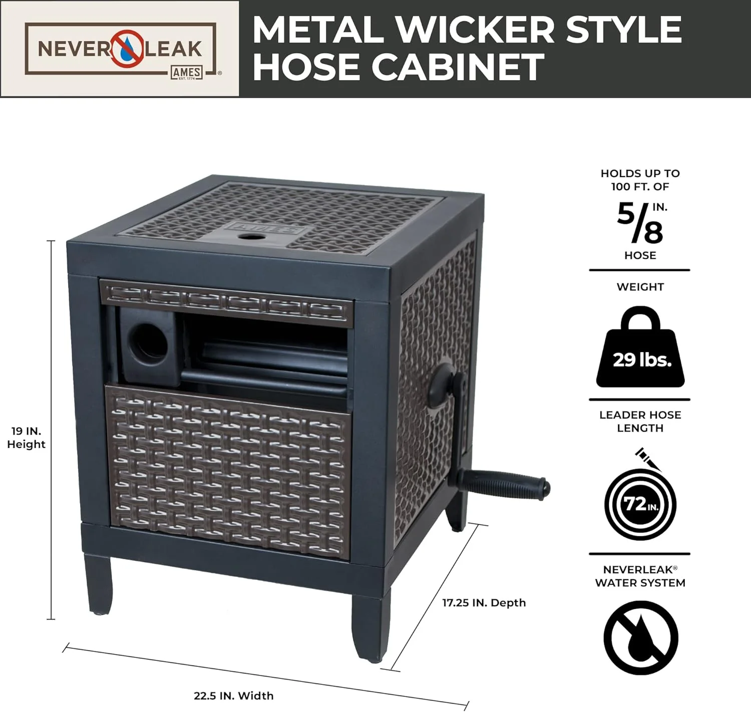 AMES NeverLeak Hose Reel Cabinet Box, 100 Ft. Capacity, Decorative with Wicker Look, Auto Track Rewinding, Black Metal - Image 3