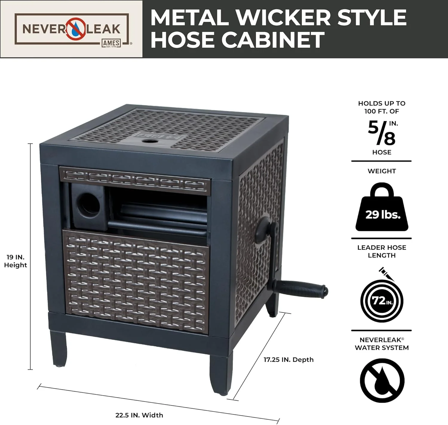 AMES NeverLeak Hose Reel Cabinet Box, 100 Ft. Capacity, Decorative with Wicker Look, Auto Track Rewinding, Black Metal - Image 3