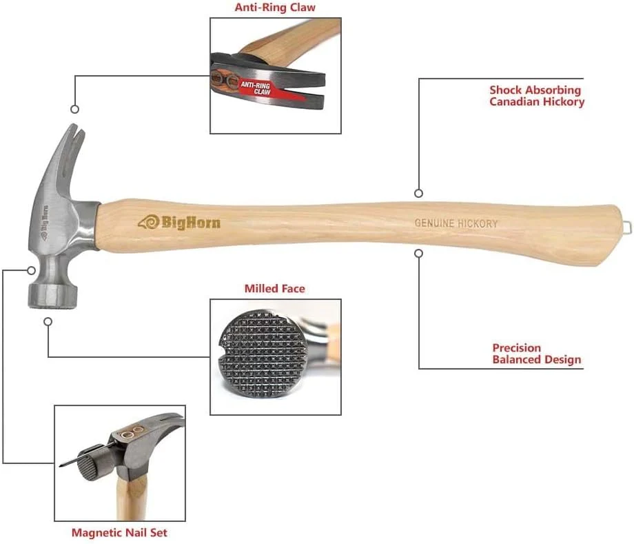 Big Horn 15101 21 Oz Curved Handle Framing Hammer, Milled Face, Magnetic Nail Starter, Anti-Ring Claw, Precision Balanced Alloy Steel Head, Canadian Hickory Handle - Image 2