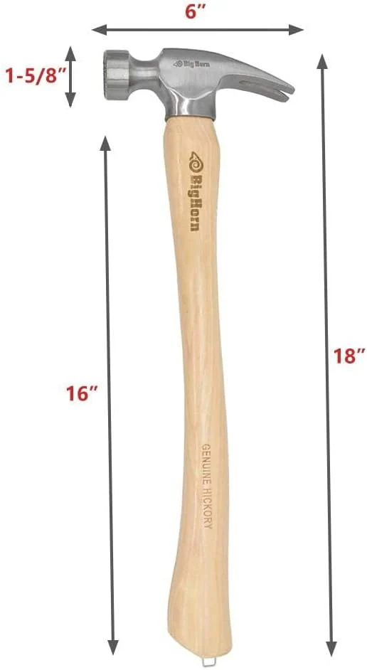 Big Horn 15101 21 Oz Curved Handle Framing Hammer, Milled Face, Magnetic Nail Starter, Anti-Ring Claw, Precision Balanced Alloy Steel Head, Canadian Hickory Handle - Image 3