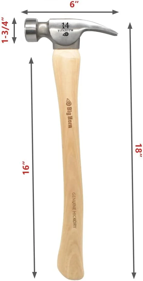 Big Horn 15151 14 Oz. Tiger Titanium Hammer with Curved Hickory Handle - Image 3