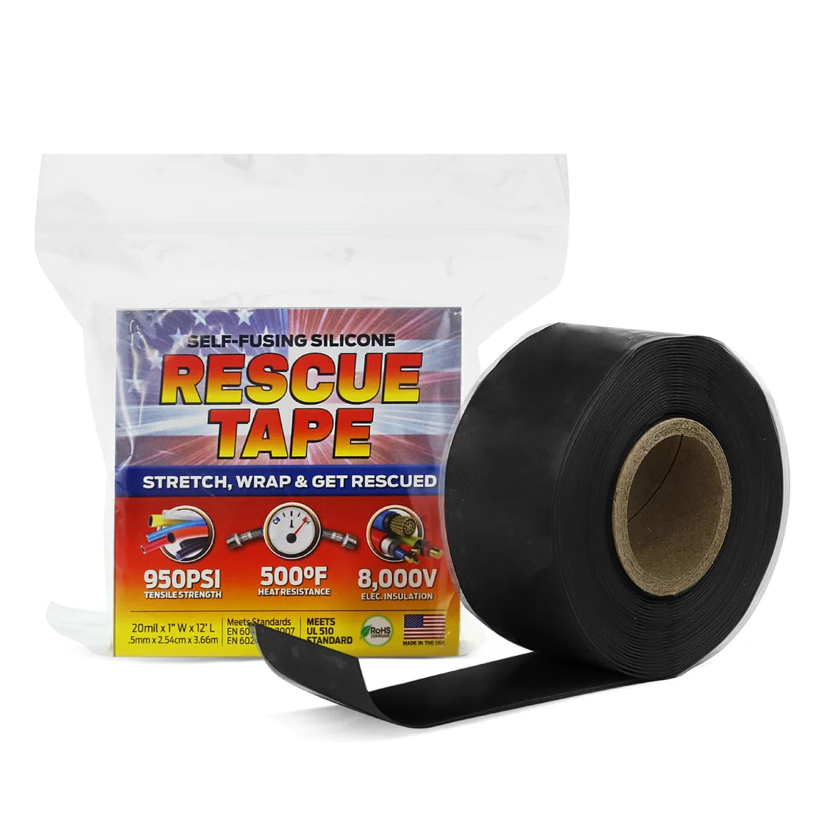 Bond It Rescue Tape, Self-Fusing Silicone for Emergency Plumbing, Pipe & Hose Repair, Electrical Insulation, Waterproof, 950PSI, Made in USA, 1" x 12', Black Black 1" x 12' x 20mil - Image 2