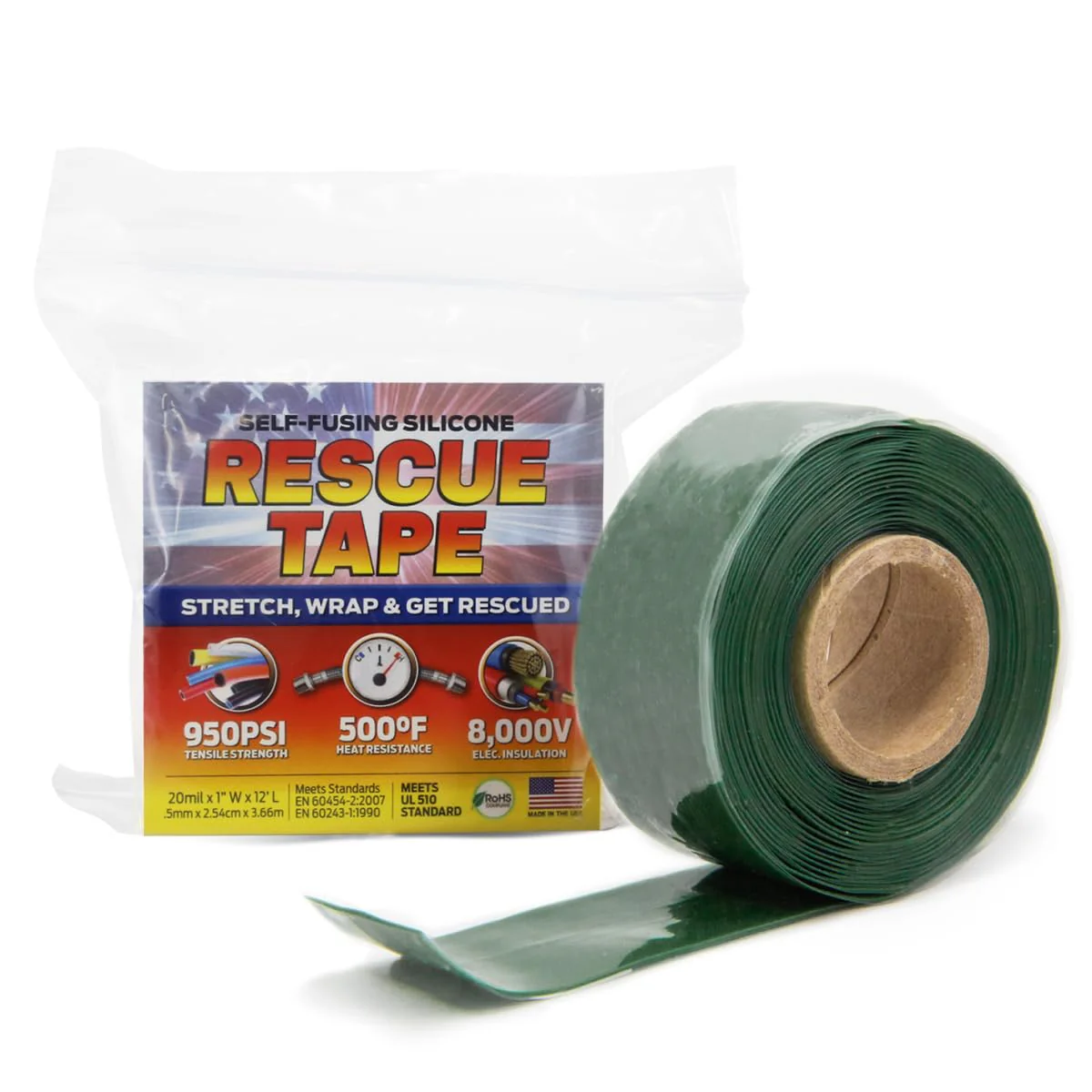 Bond It Rescue Tape, Self-Fusing Silicone for Emergency Plumbing, Pipe & Hose Repair, Electrical Insulation, Waterproof, 950PSI, Made in USA, 1" x 12', Green - Image 2