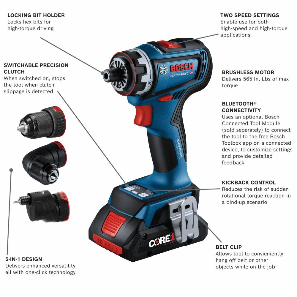 BOSCH 18V Drill/Driver with 5-In-1 Flexiclick System and 2pk CORE18V 4Ah Advanced Power Battery - Image 4