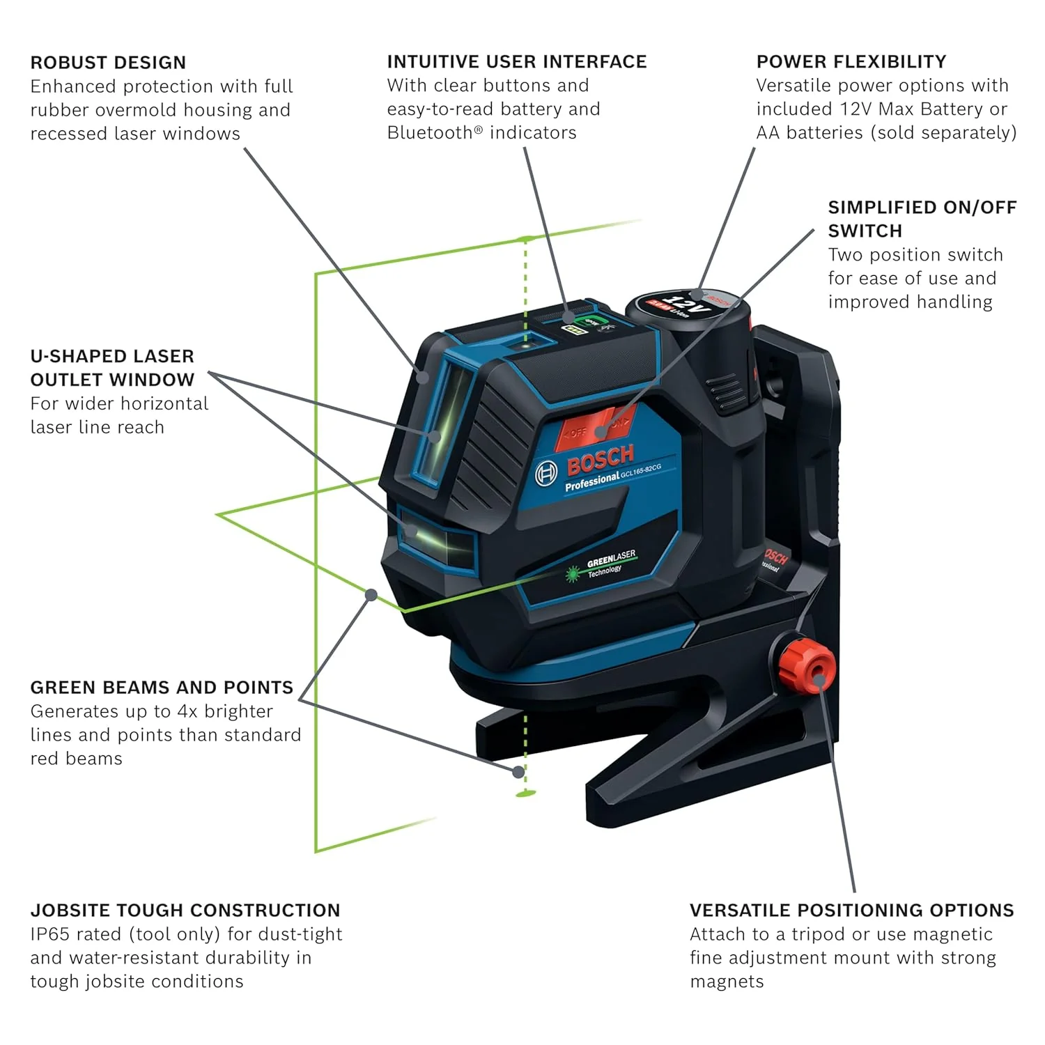 BOSCH GCL165-82CGL 12V Max Connected Green-Beam Cross-Line Laser with Plumb Points, Bluetooth, IP65 Durability, 125 Ft Range, VisiMax Technology, Includes 12V Battery & Charger and Magnetic Mount - Image 3