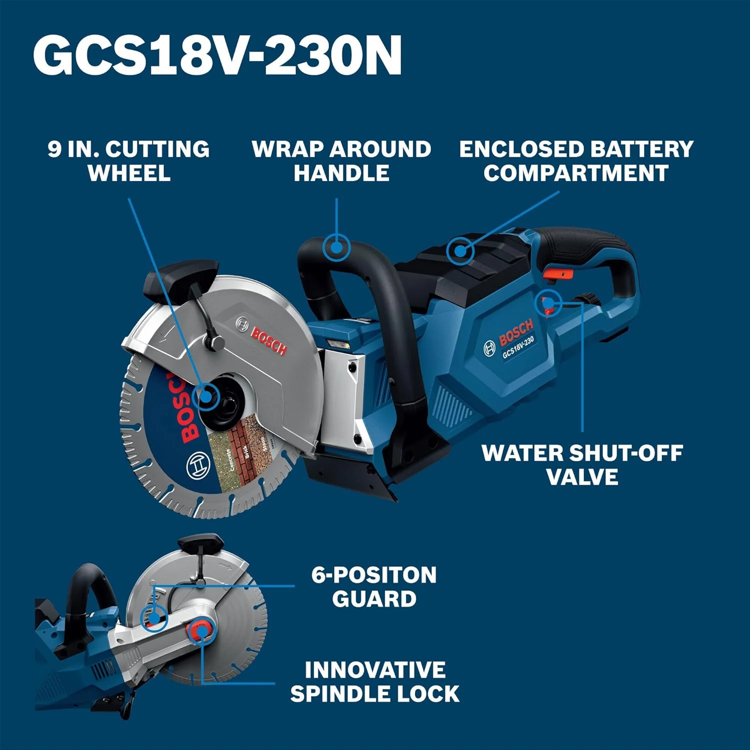 BOSCH GCS18V-230N 18V Brushless Cordless 9-Inch Cutoff Saw for Concrete & Metal Cutting | Lightweight Ergonomic Design, 6-Position Cutting Guard, Water Shut-Off Valve, Easy Wheel Change (Bare Tool) - Image 3