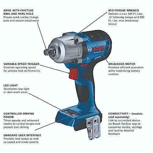 BOSCH 18V Brushless Connected-Ready 1/2 In. Mid-Torque Impact Wrench Kit with Friction Ring and Thru-Hole and (2) CORE18V 4 Ah Batteries - Image 19