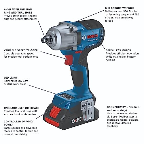BOSCH 18V Brushless Connected-Ready 1/2 In. Mid-Torque Impact Wrench Kit with Friction Ring and Thru-Hole and (2) CORE18V 4 Ah Batteries - Image 33