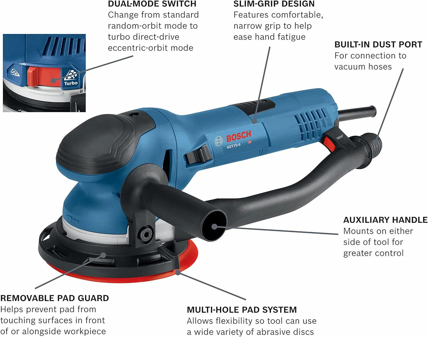 BOSCH GET75-6N Electric Orbital Sander, Polisher - 7.5 Amp, Corded, 6 Inch Disc Size - Dual-Mode: Random Orbit & Turbo - Image 3