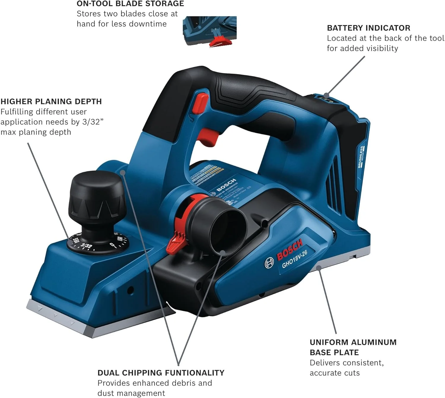 BOSCH GHO18V-26N 18V Brushless Planer - 13,600 RPM, 3/32 In. Depth Cut, 3-� In. Width, Dual Shaving Exhaust Ports, On-Tool Blade Storage (Bare Tool) - Image 3