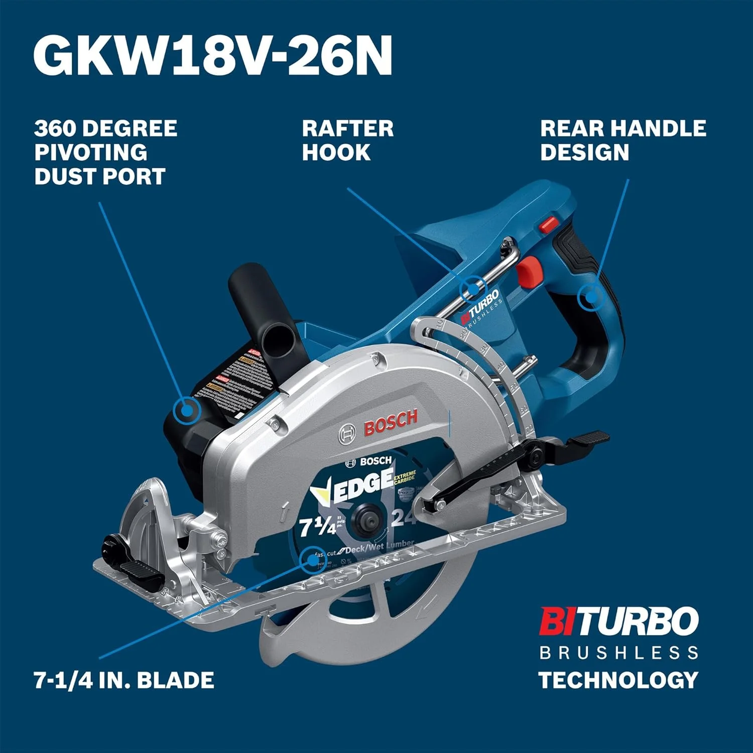 BOSCH GKW18V-26N PROFACTOR 18V 7-1/4" Rear Handle Circular Saw - BITURBO Brushless Technology, 5000 RPM, Lightweight Ergonomic Design, Left Blade Orientation, Electronic Brake, Dust Port (Bare Tool) - Image 3