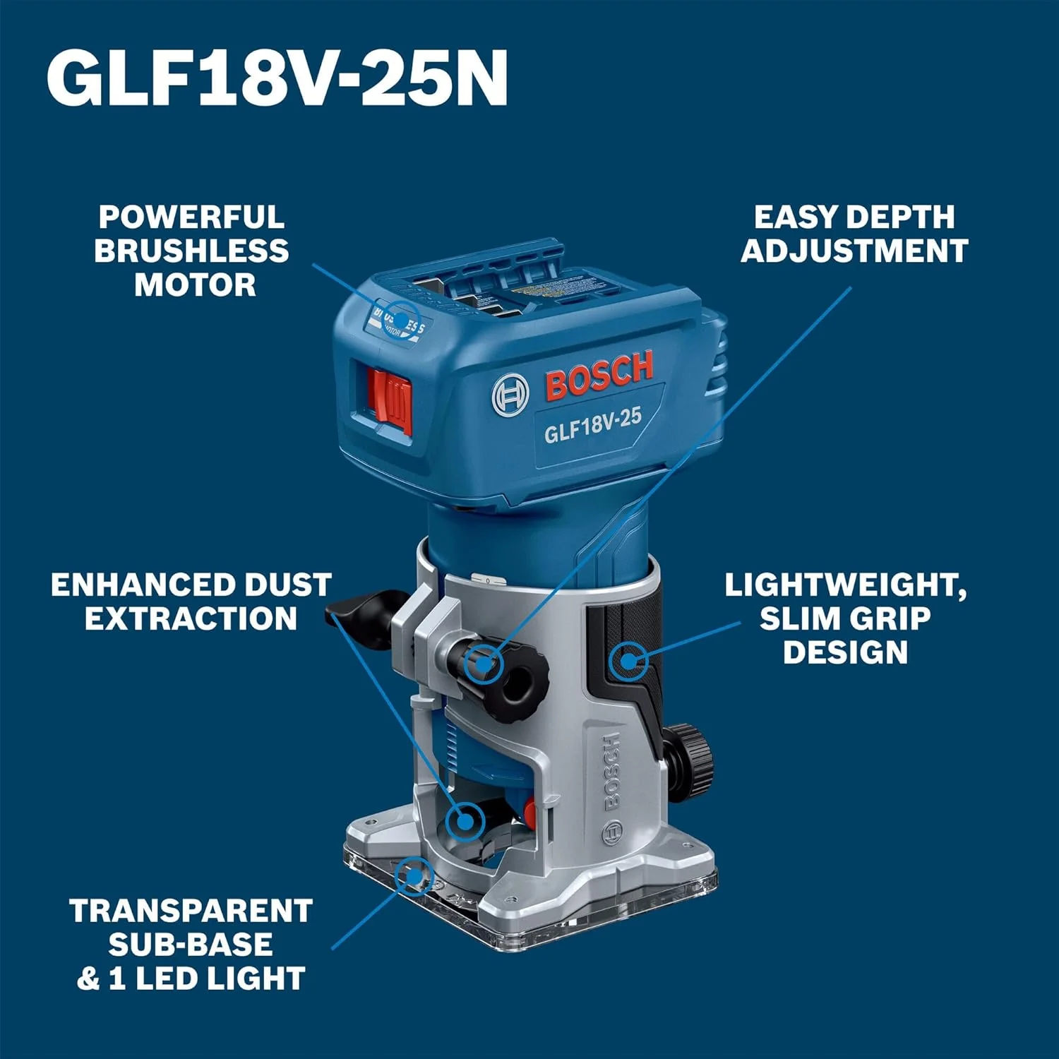 BOSCH GLF18V-25N 18V Laminate Trim Router - Powerful Brushless Motor, 10,000-30,000 RPM, Lightweight, Ergonomic, Enhanced Dust Extraction, Quick Depth Adjustments for Precise Trimming - Image 3