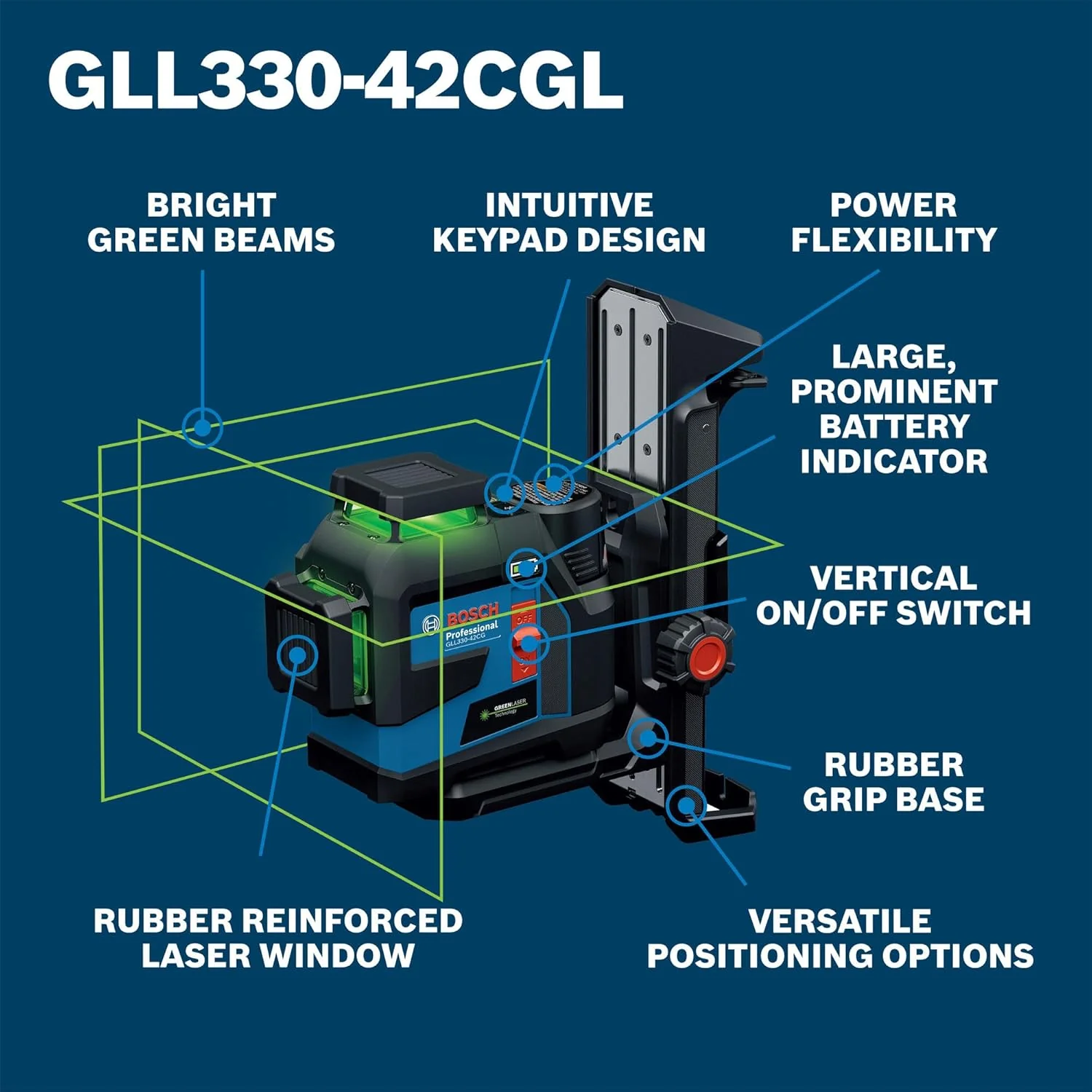 BOSCH GLL330-42CGL 12V Max 360⁰ Bluetooth Connected Green-Beam Three-Plane Laser Kit - Includes 12V Battery, Charger, Mount, Clip, Target Plate, Case - Image 3