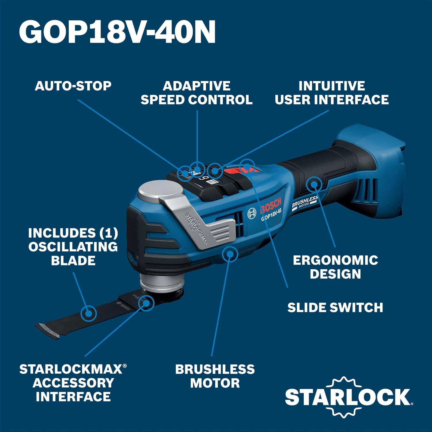 BOSCH GOP18V-40N 18V Brushless StarlockMax Oscillating Tool - Powerful 20,000 OPM, 6 Speed Settings, Auto-Stop, Ergonomic Design, Fast Accessory Changes, Ideal for Remodelers & Contractors - Image 3