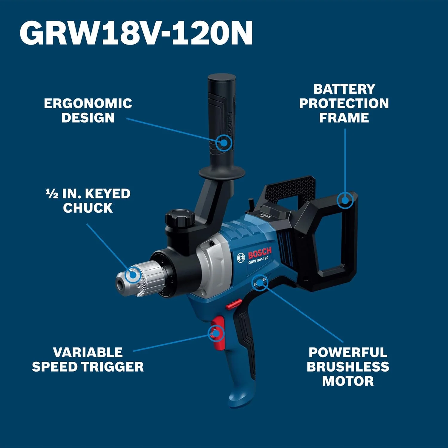 BOSCH GRW18V-120N 18V Brushless Mud Mixer - ½ In. Chuck, 650 RPM, Variable Speed, Soft Start, KickBack Control, Ergonomic Handle for Heavy Mortars, Epoxies & Paints - Image 3