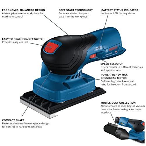 BOSCH GSS12V-40N 12V Max Brushless Orbital Finishing Sander With Dust Bag, 1/4 and 1/3 Sheet (Bare Tool) - Image 2