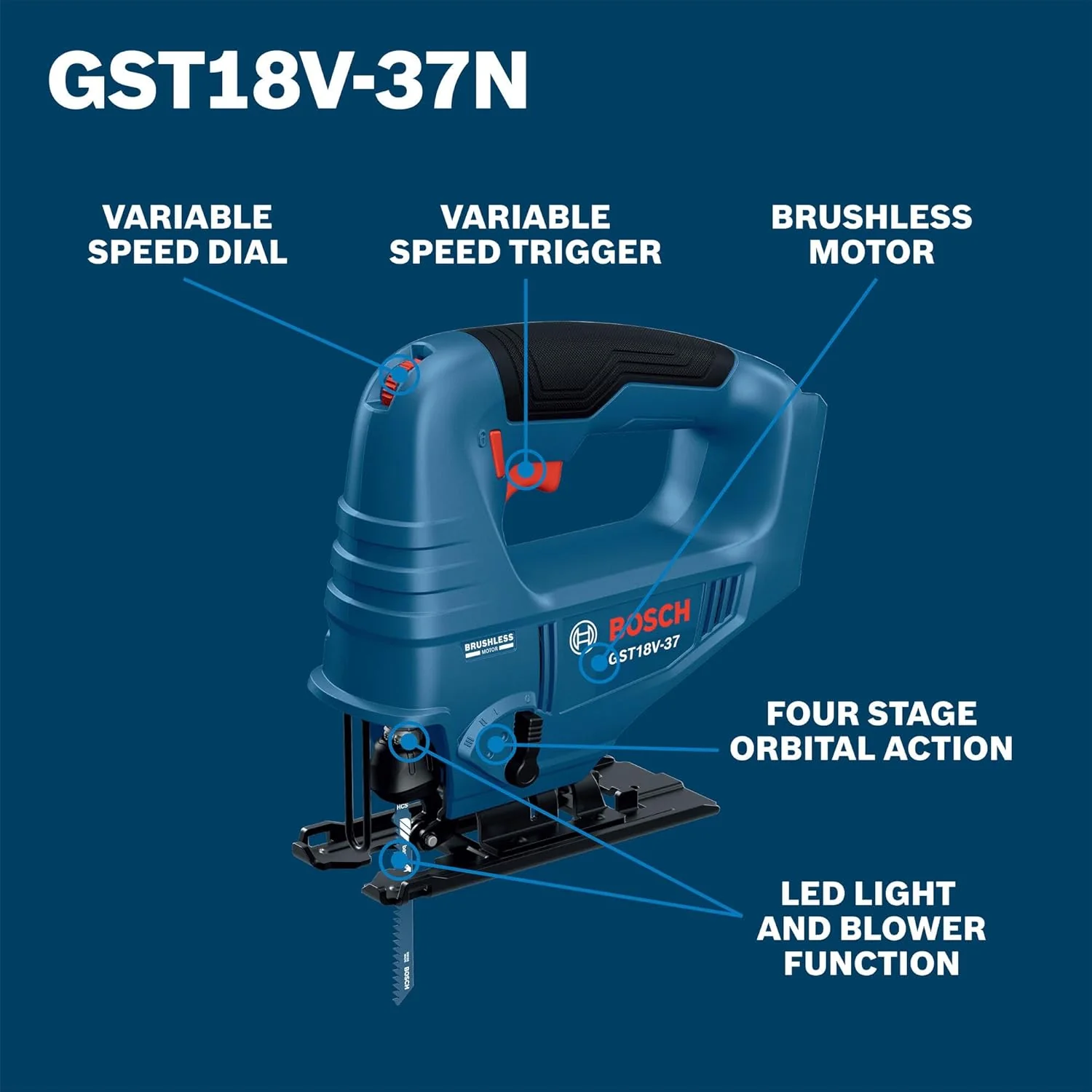 BOSCH GST18V-37N 18V Brushless Top-Handle Jig Saw - Powerful, Compact, 3.7" Cutting Depth, 3300 SPM, 4 Orbital Settings, Variable Speed Dial, LED Light, Tool-Free Blade Change (Bare Tool) - Image 3