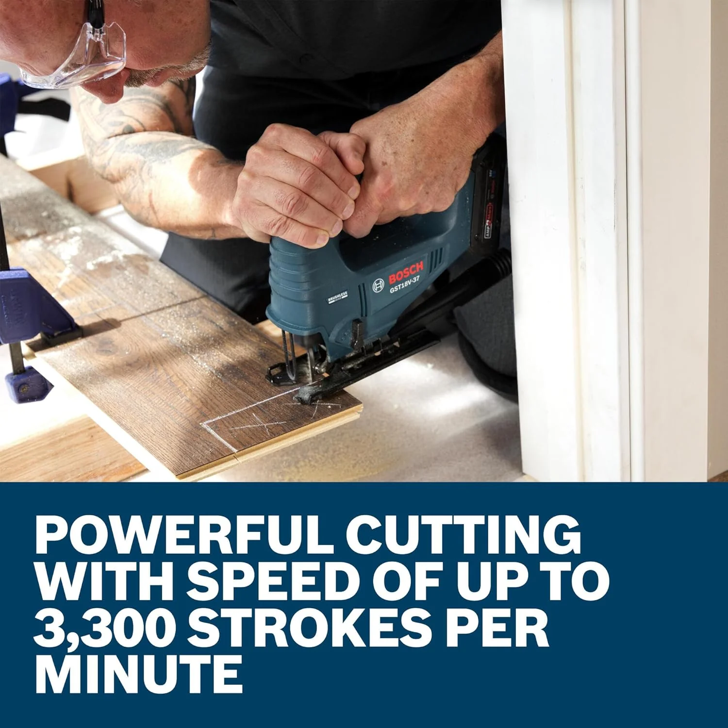 BOSCH GST18V-37N 18V Brushless Top-Handle Jig Saw - Powerful, Compact, 3.7" Cutting Depth, 3300 SPM, 4 Orbital Settings, Variable Speed Dial, LED Light, Tool-Free Blade Change (Bare Tool) - Image 5