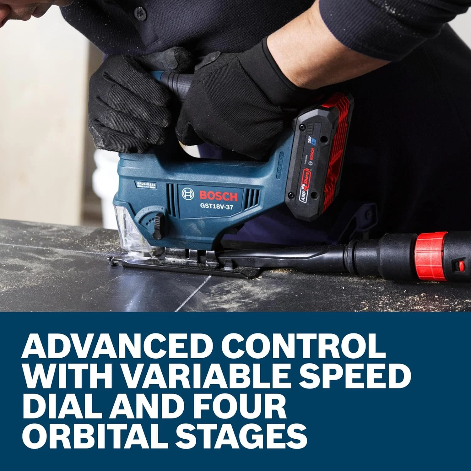 BOSCH GST18V-37N 18V Brushless Top-Handle Jig Saw - Powerful, Compact, 3.7" Cutting Depth, 3300 SPM, 4 Orbital Settings, Variable Speed Dial, LED Light, Tool-Free Blade Change (Bare Tool) - Image 6
