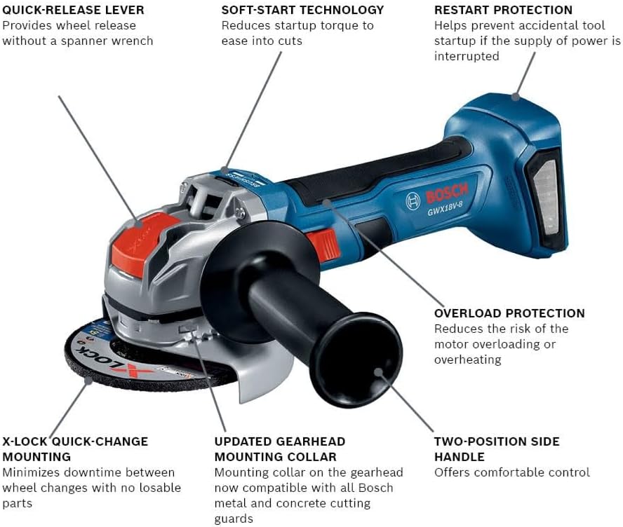 BOSCH GWX18V-8N 18V X-LOCK Brushless 4-1/2 Inch Angle Grinder with Slide Switch, Tool-free Disc Swap (Bare Tool) - Image 3