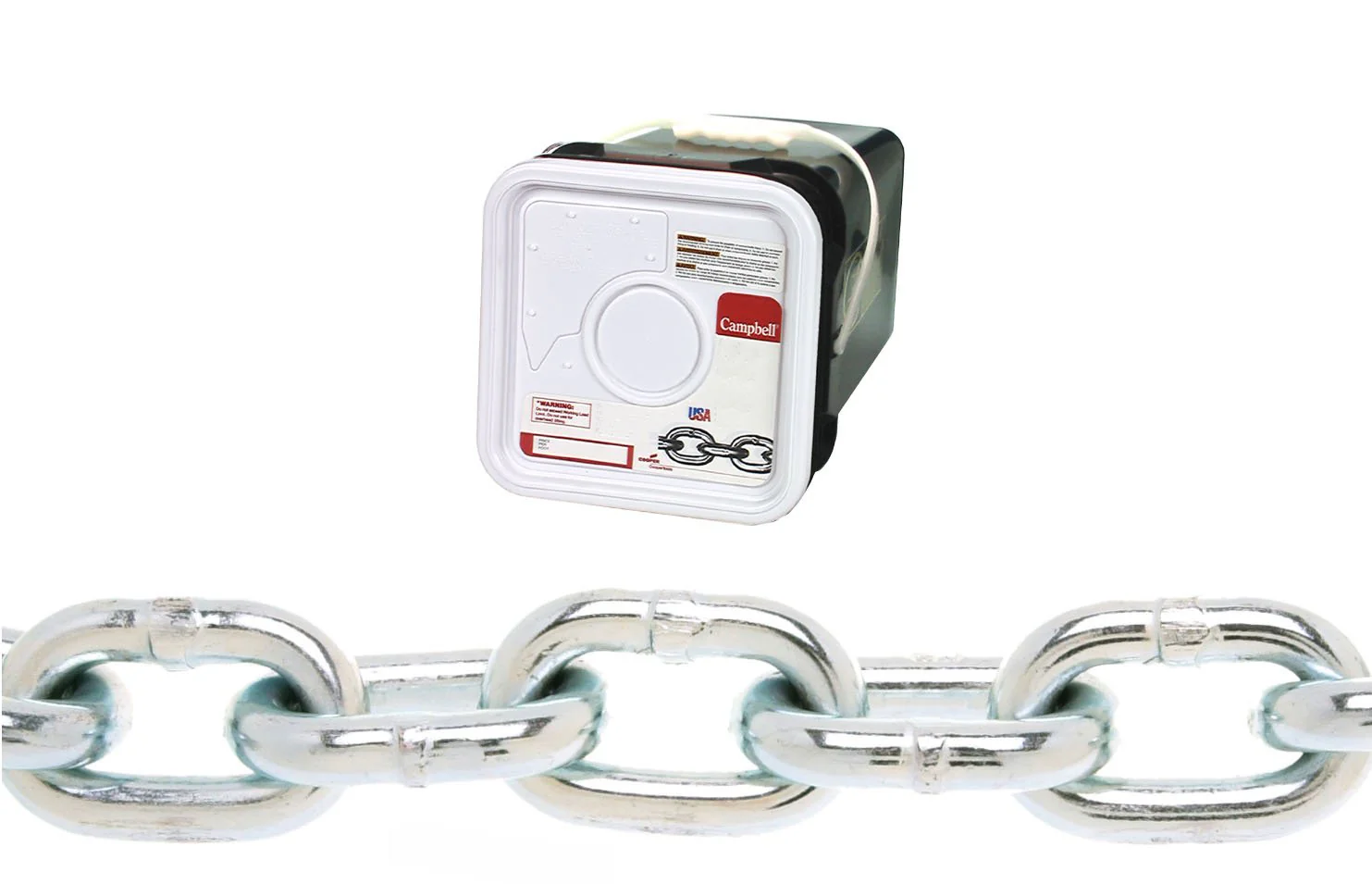 Campbell 0143626 System 3 Grade 30 Low Carbon Steel Proof Coil Chain in Square Pail, Zinc Plated, 3/8" Trade, 0.37" Diameter, 45' Length, 2650 lbs Load Capacity