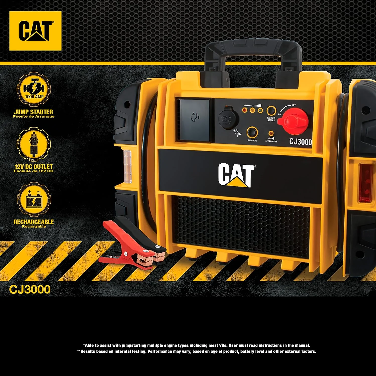 CAT CJ3000 Professional Jump Starter 2000 Peak Amp Battery Booster, Built-In Power Switch, Battery Clamps, Yellow - Image 5