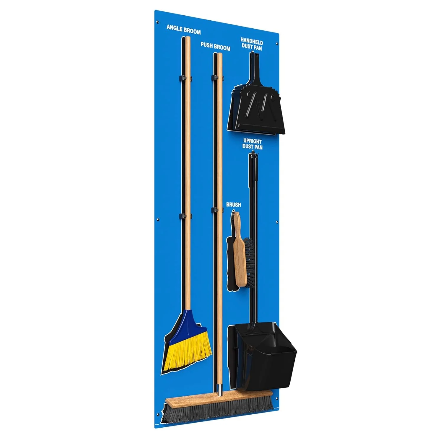 Clean & Sweep 5S Shadow Board/Wall Mount Broom Holder, 68" x 30" Board, 5S Cleaning Station - with Broom and Dustpan Set Included, PSB116BUBK Blue/Black Accu-Shield - Image 3