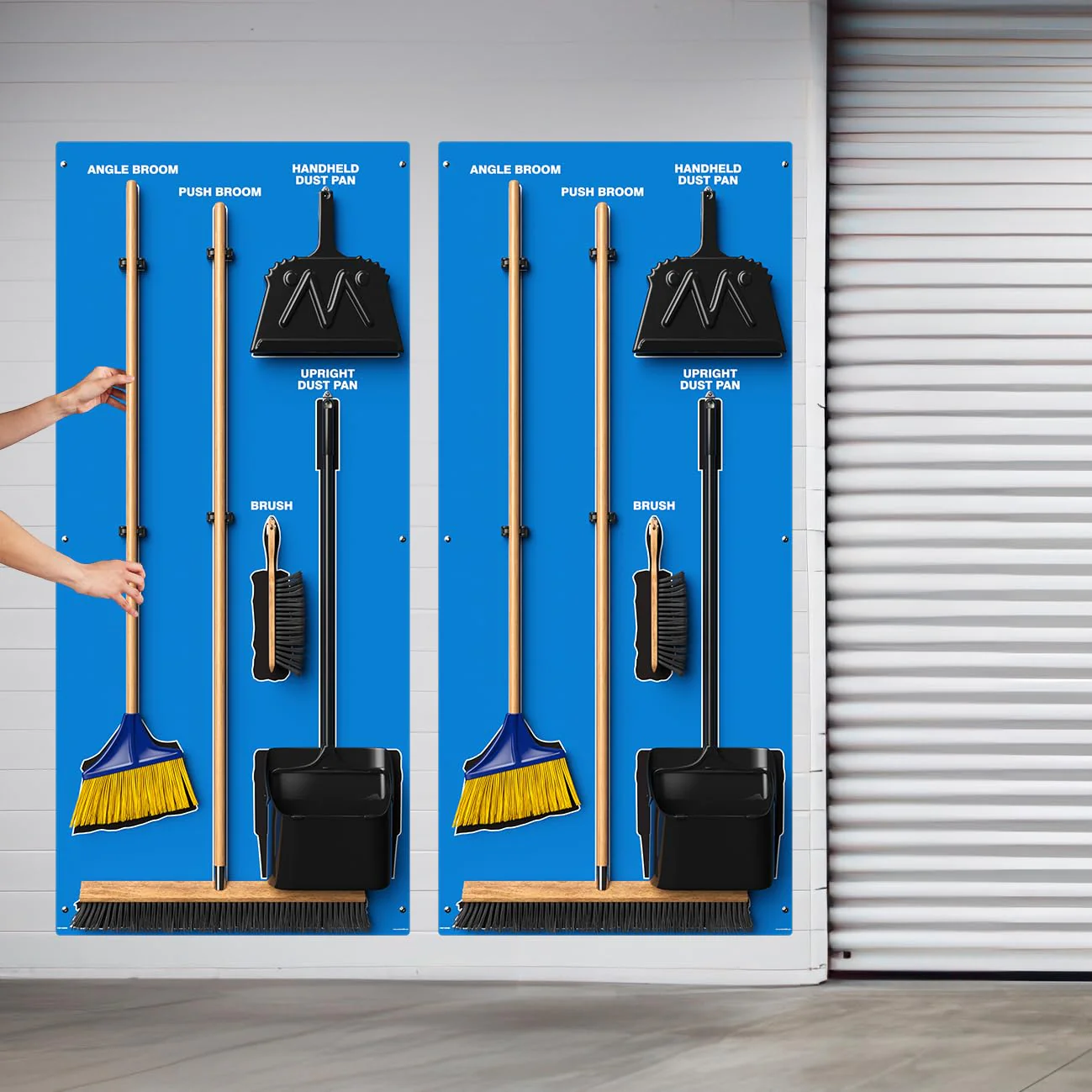 Clean & Sweep 5S Shadow Board/Wall Mount Broom Holder, 68" x 30" Board, 5S Cleaning Station - with Broom and Dustpan Set Included, PSB116BUBK Blue/Black Accu-Shield - Image 6