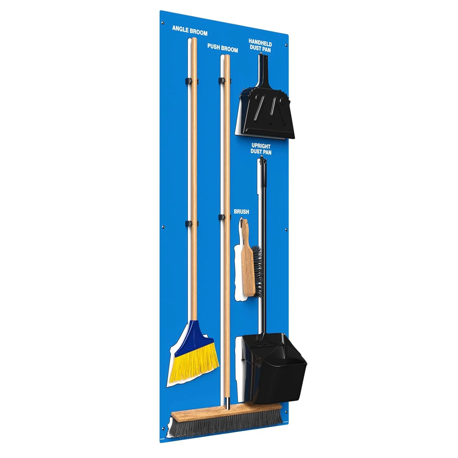 Clean & Sweep PSB116BUWT 5S Shadow Board/Wall Mount Broom Holder, 68" x 30" Board, 5S Cleaning Station with Broom and Dustpan Set Included, Blue/White - Image 2