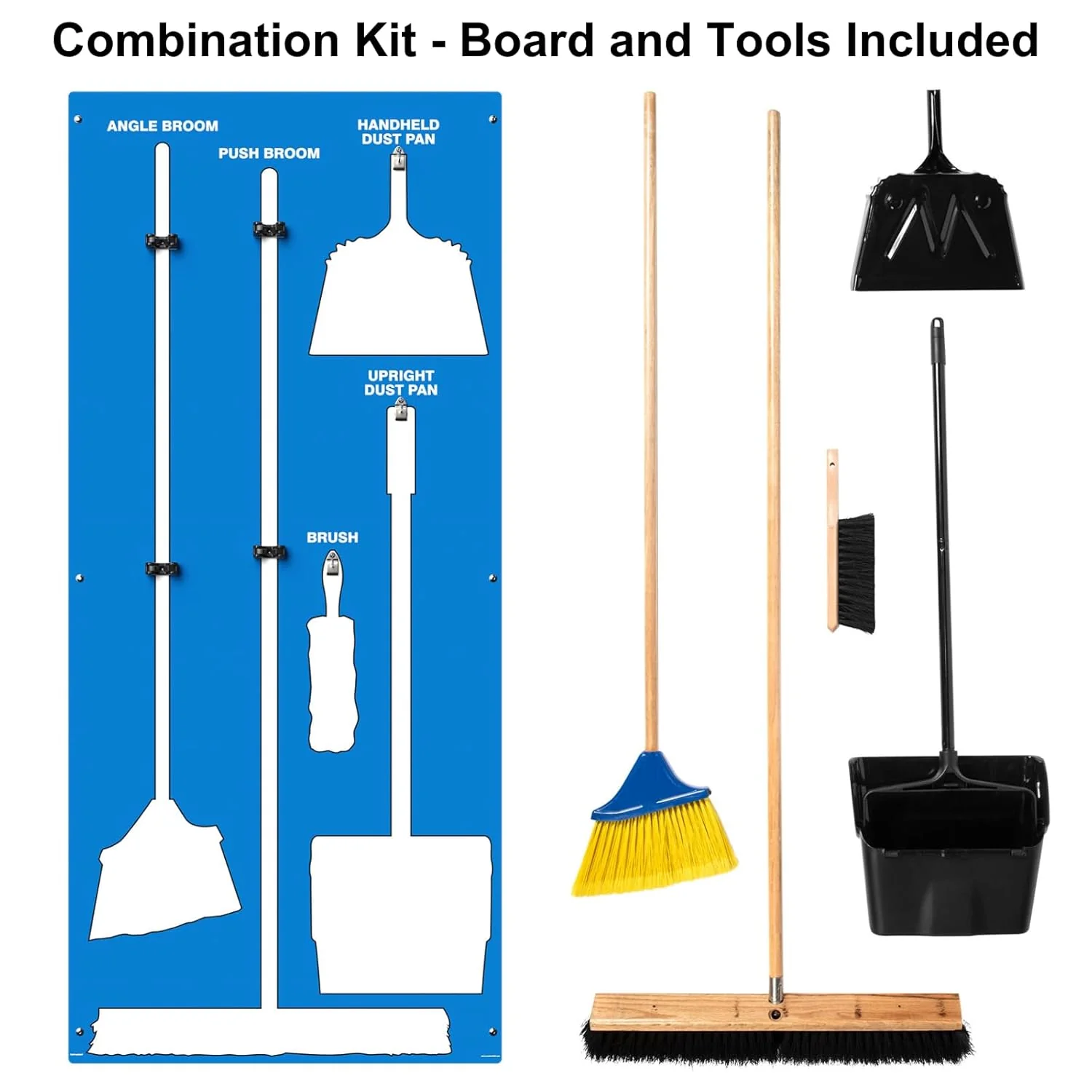 Clean & Sweep PSB116BUWT 5S Shadow Board/Wall Mount Broom Holder, 68" x 30" Board, 5S Cleaning Station with Broom and Dustpan Set Included, Blue/White - Image 3
