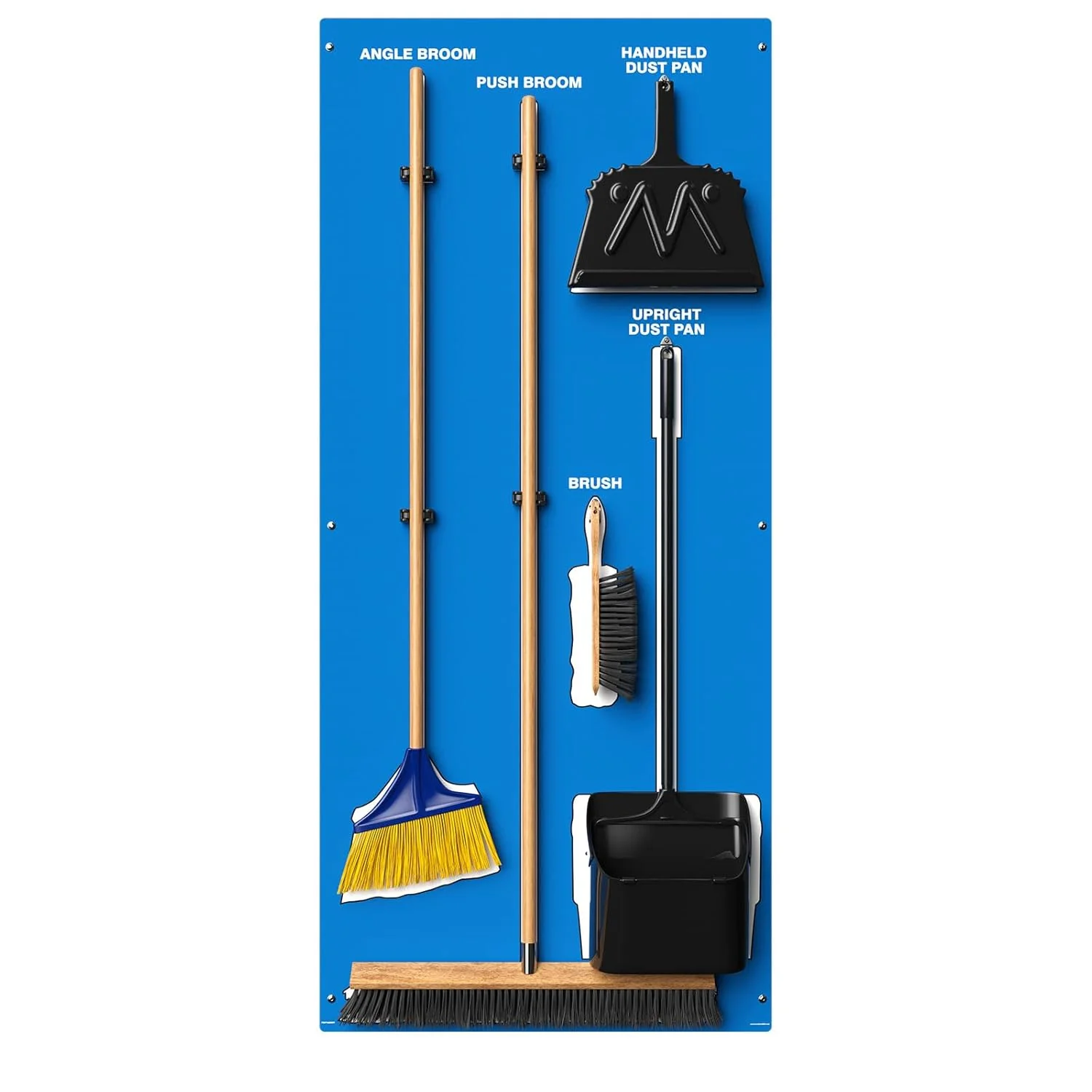 Clean & Sweep 5S Shadow Board/Wall Mount Broom Holder, 68" x 30" Board, 5S Cleaning Station - with Broom and Dustpan Set Included, PSB716BUWT Blue/White Ultra Aluma-Lite - Image 2