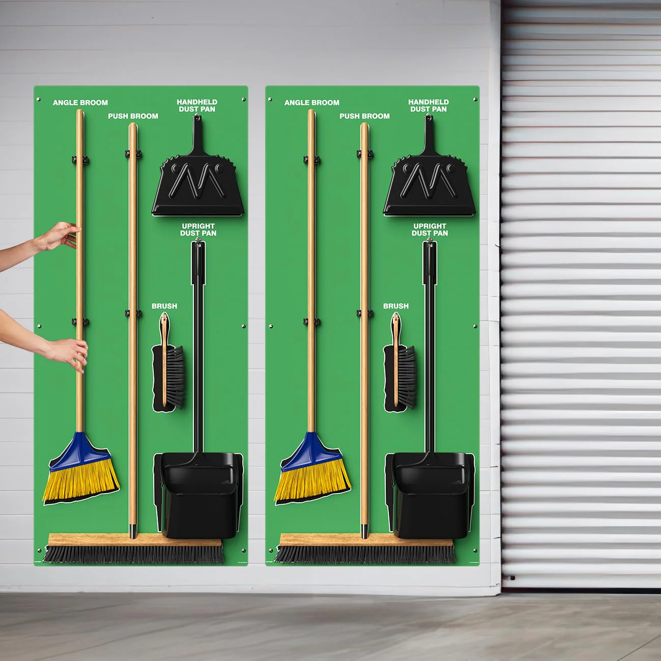Clean & Sweep PSG116GNBK 5S Shadow Board/Wall Mount Broom Holder, 68" x 30" Board, 5S Cleaning Station - with Broom and Dustpan Set Included, Made in The USA by AccuformNMC, Green/Black - Image 5