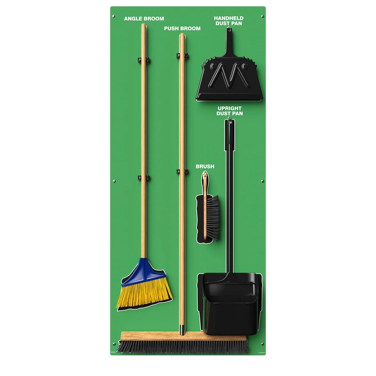 Clean & Sweep PSB616GNBK 5S Shadow Board/Wall Mount Broom Holder, 68" x 30" Board, 5S Cleaning Station with Broom and Dustpan Set Included, Green/Black