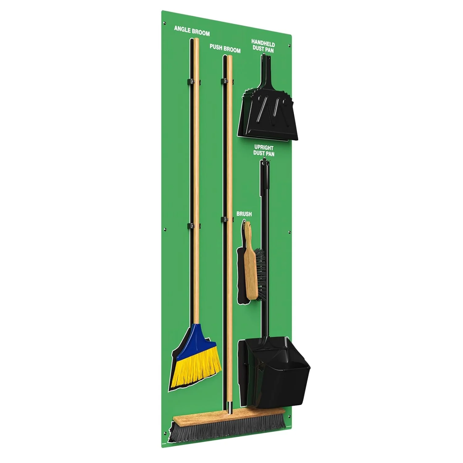 Clean & Sweep PSB616GNBK 5S Shadow Board/Wall Mount Broom Holder, 68" x 30" Board, 5S Cleaning Station with Broom and Dustpan Set Included, Green/Black - Image 2