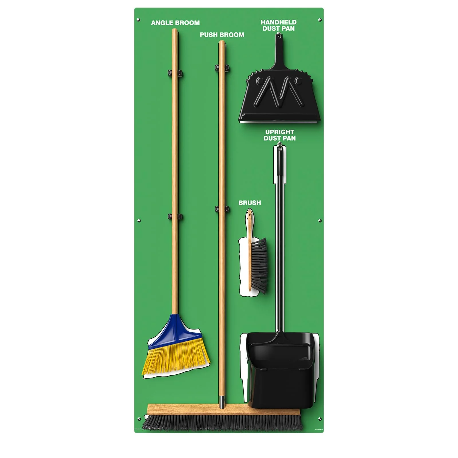 Clean & Sweep PSB716GNWT 5S Shadow Board/Wall Mount Broom Holder, 68" x 30" Board, 5S Cleaning Station with Broom and Dustpan Set Included, Green/White
