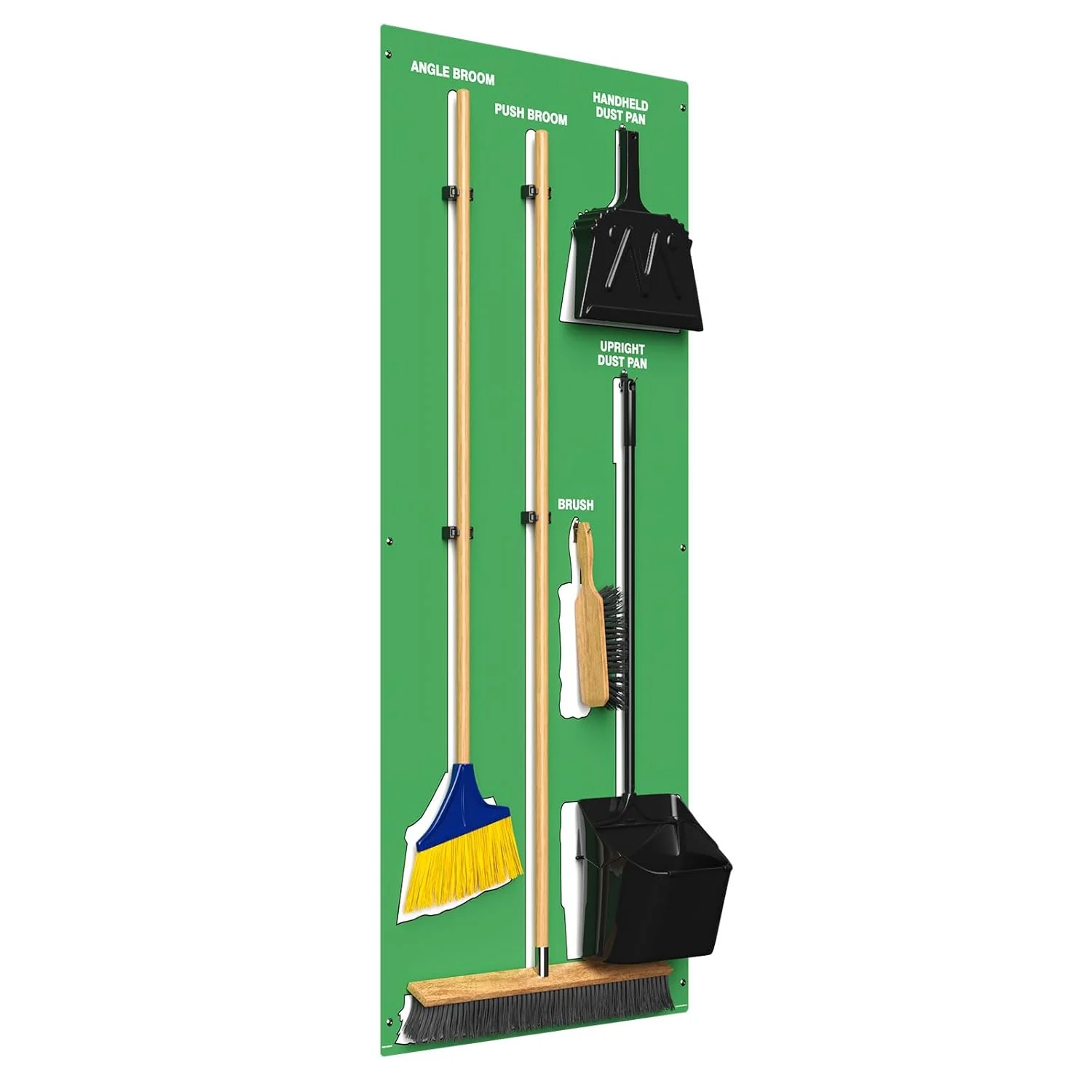 Clean & Sweep PSB716GNWT 5S Shadow Board/Wall Mount Broom Holder, 68" x 30" Board, 5S Cleaning Station with Broom and Dustpan Set Included, Green/White - Image 2