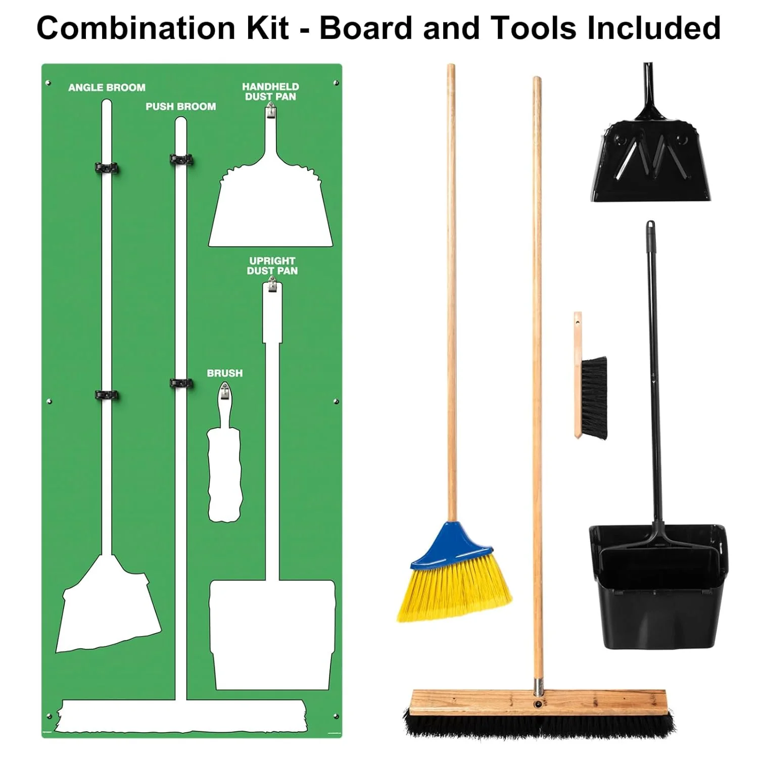 Clean & Sweep PSB716GNWT 5S Shadow Board/Wall Mount Broom Holder, 68" x 30" Board, 5S Cleaning Station with Broom and Dustpan Set Included, Green/White - Image 3