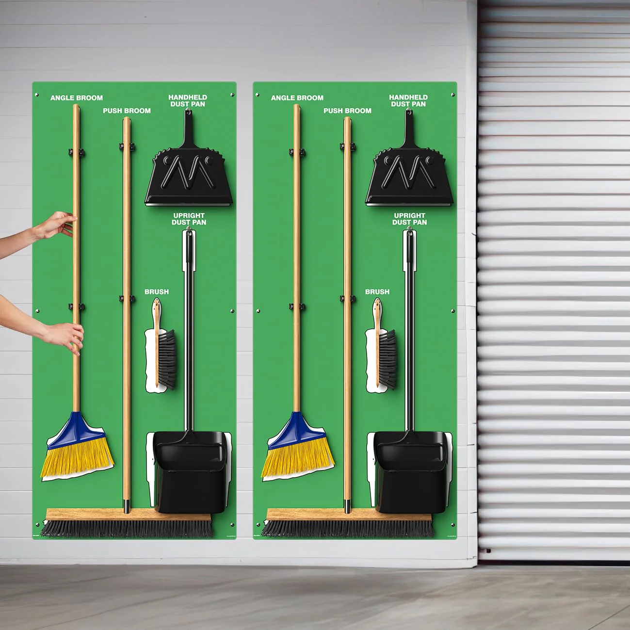 Clean & Sweep PSB716GNWT 5S Shadow Board/Wall Mount Broom Holder, 68" x 30" Board, 5S Cleaning Station with Broom and Dustpan Set Included, Green/White - Image 5