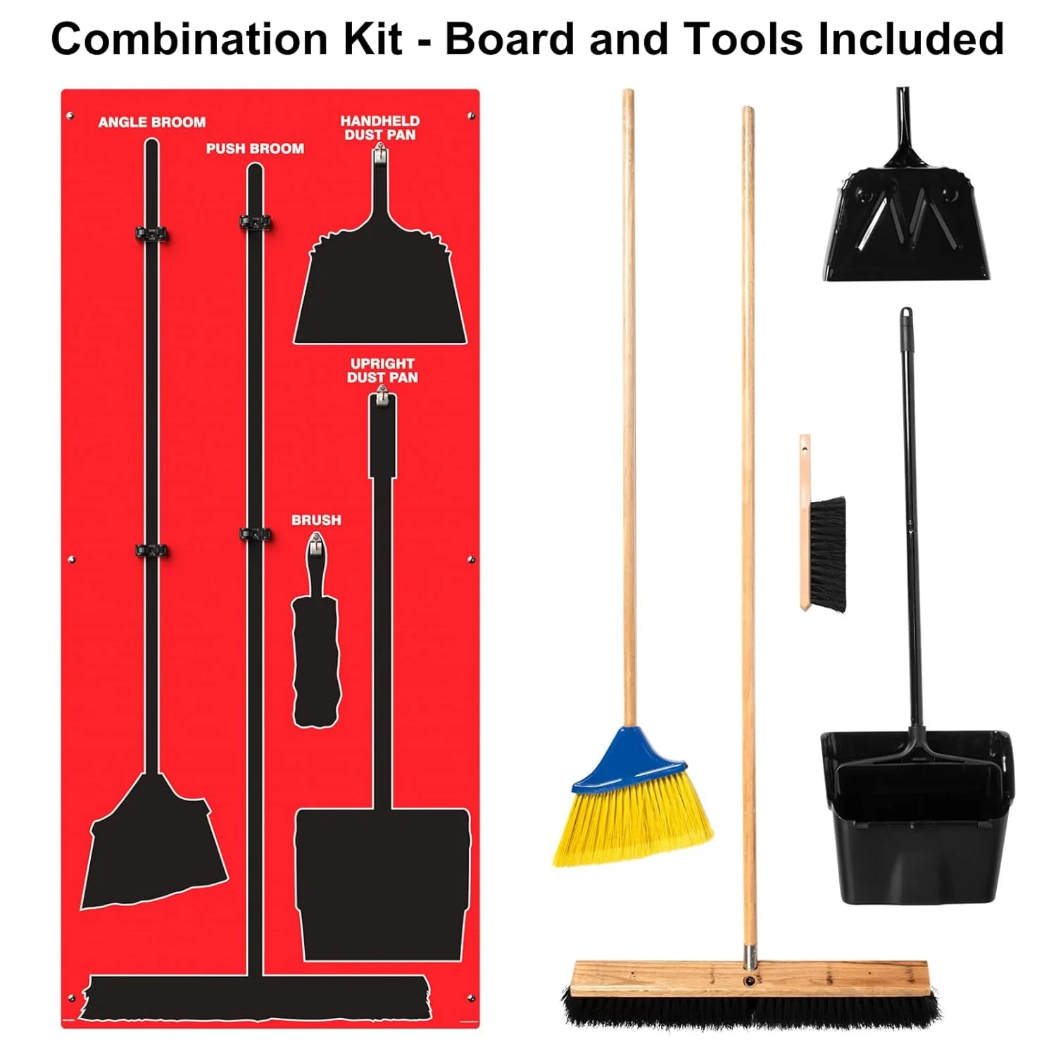 Clean & Sweep 5S Shadow Board/Wall Mount Broom Holder, 68" x 30" Board, 5S Cleaning Station - with Broom and Dustpan Set Included, PSB116RDBK Red/Black Accu-Shield - Image 4