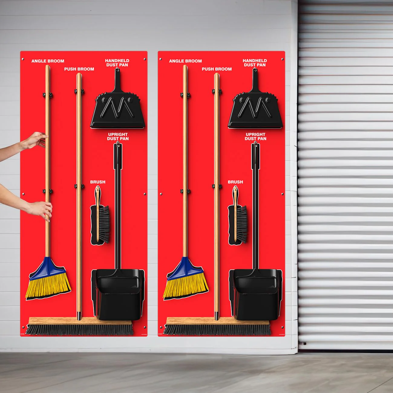 Clean & Sweep PSB716RDBK 5S Shadow Board/Wall Mount Broom Holder, 68" x 30" Board, 5S Cleaning Station with Broom and Dustpan Set Included, Made in The USA by AccuformNMC, Red/Black - Image 5