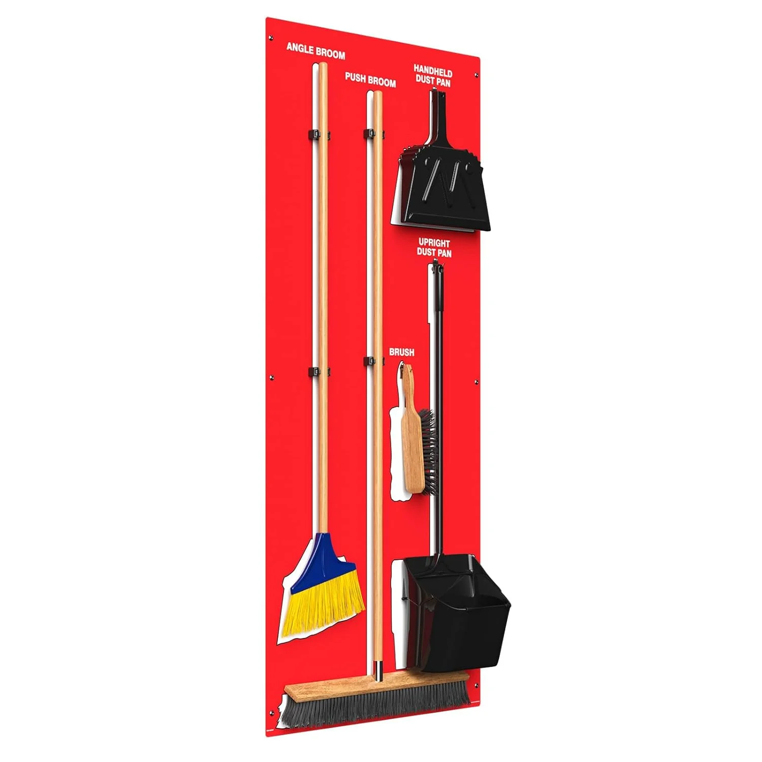 Clean & Sweep PSB616RDWT 5S Shadow Board/Wall Mount Broom Holder, 68" x 30" Board, 5S Cleaning Station with Broom and Dustpan Set Included, Red/White - Image 2