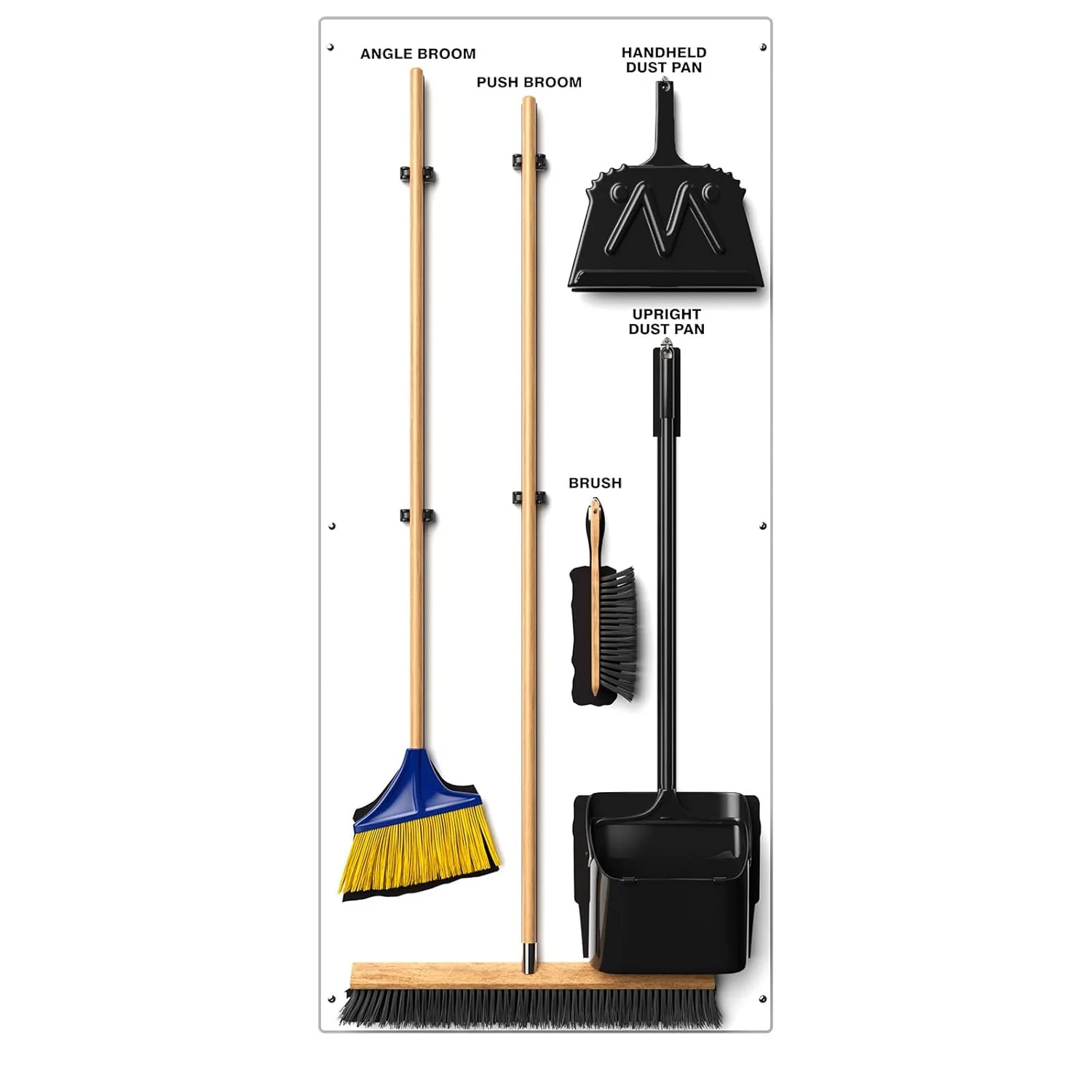 Clean & Sweep 5S Shadow Board/Wall Mount Broom Holder, 68" x 30" Board, 5S Cleaning Station - with Broom and Dustpan Set Included, PSB116WTBK White/Black Accu-Shield - Image 2