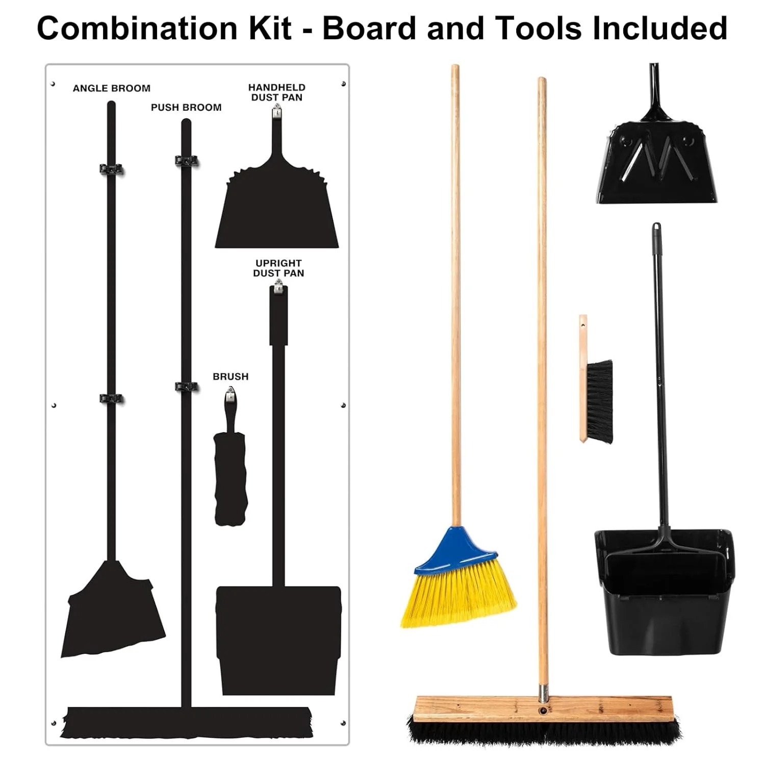 Clean & Sweep 5S Shadow Board/Wall Mount Broom Holder, 68" x 30" Board, 5S Cleaning Station - with Broom and Dustpan Set Included, PSB116WTBK White/Black Accu-Shield - Image 4